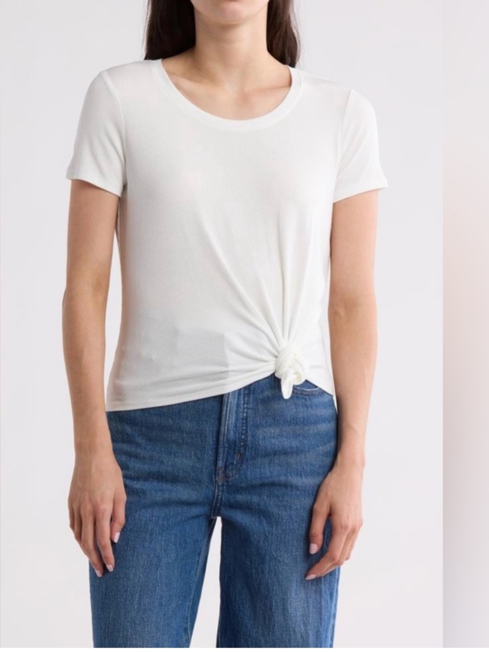 1.State Women's White Knot-Front Short Sleeve Ribbed Tee Size Small NWOT